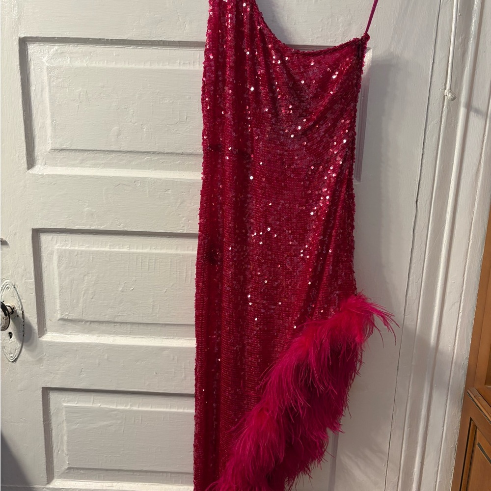 BNWT Lapointe sequin feather one shoulder midi dress size 0 in ultra pink - Picture 15 of 15